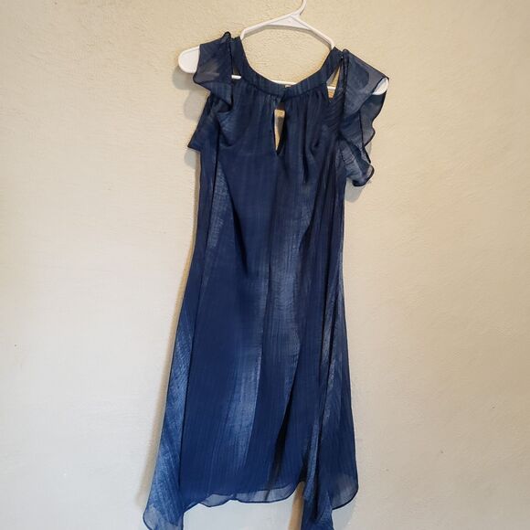 CHICO's size 2 medium indigo cold shoulder lined halter dress handkerchief hem - Picture 5 of 7